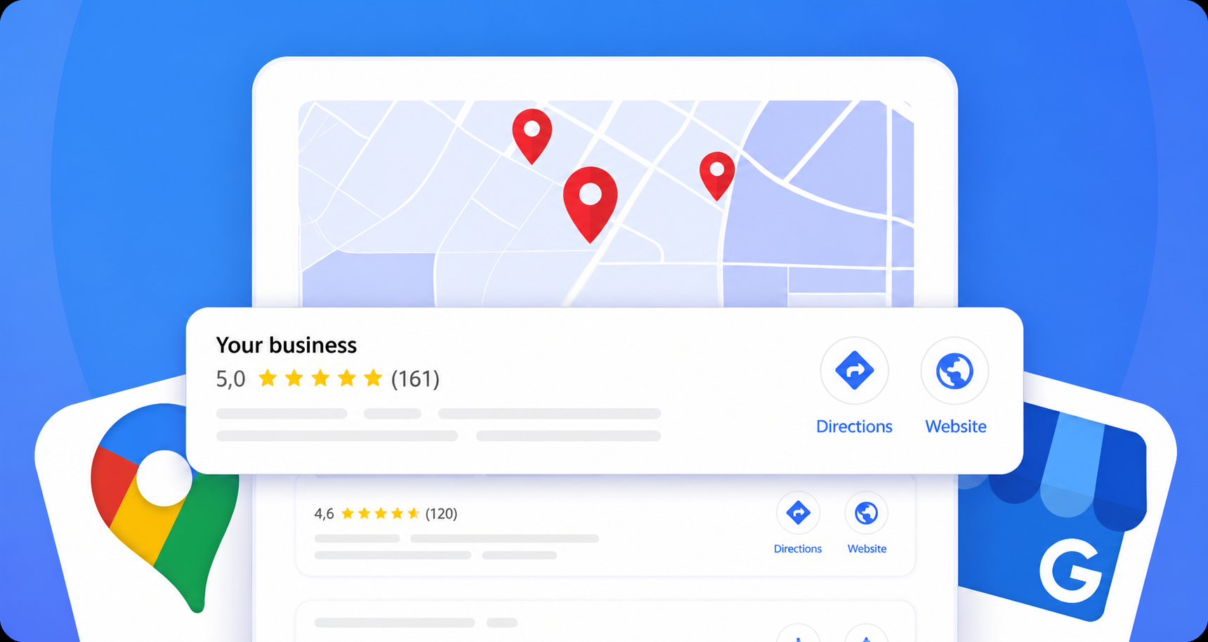 Perfil do Google Business com avaliações 5 estrelas e mapa de localização